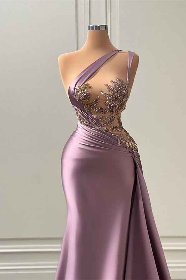 Glamorous Purple One Shoulder Sleeveless Long Mermaid  Prom Dress with Appliques
