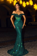 Sequins Prom Dark Green Off-the-Shoulder Long Mermaid Gown BM bride