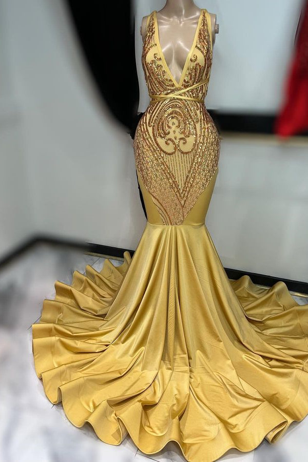 Dark Gold Sleeveless Appliqued Mermaid Prom Dress BM bride