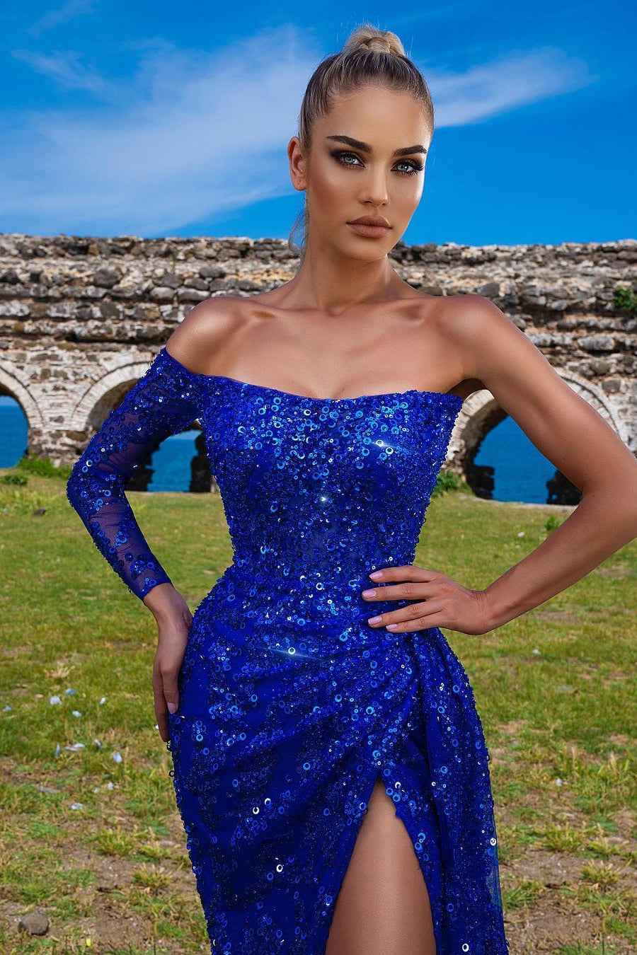 Sequins Long Sleeve Strapless Mermaid Long Prom Dress Blue With Front Split