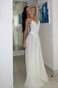 Spaghetti Strap V Neck Sleeveless Long Prom Dress With Pleated