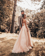 A-Line Spaghetti-Straps Long Wedding Dress With Tulle Lace BM bride