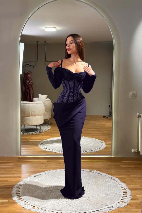 Off the Shoulder Long Sleeves Long Prom Dress With Sequins Pleated BMBRIDE