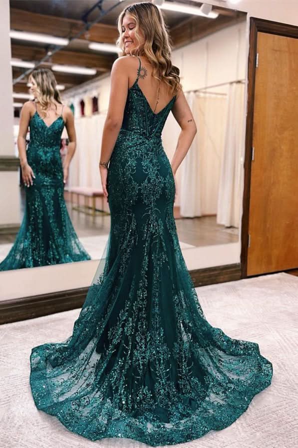 Sequins A-Line Evening Dress with Appliques, Tulle, and Spaghetti Straps BM bride