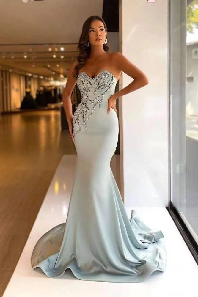 Pretty Strapless Sweetheart Sleeveless Long Mermaid Prom Dress With Beadings