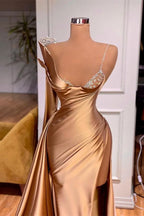 Long Sleeves Spaghetti-Straps Mermaid Evening Dress with Beadings, Ruffles, and Split BM bride