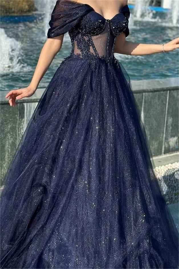 Dark Navy Off the Shoulder Sweetheart Mermaid Long Prom Dress With Appliques