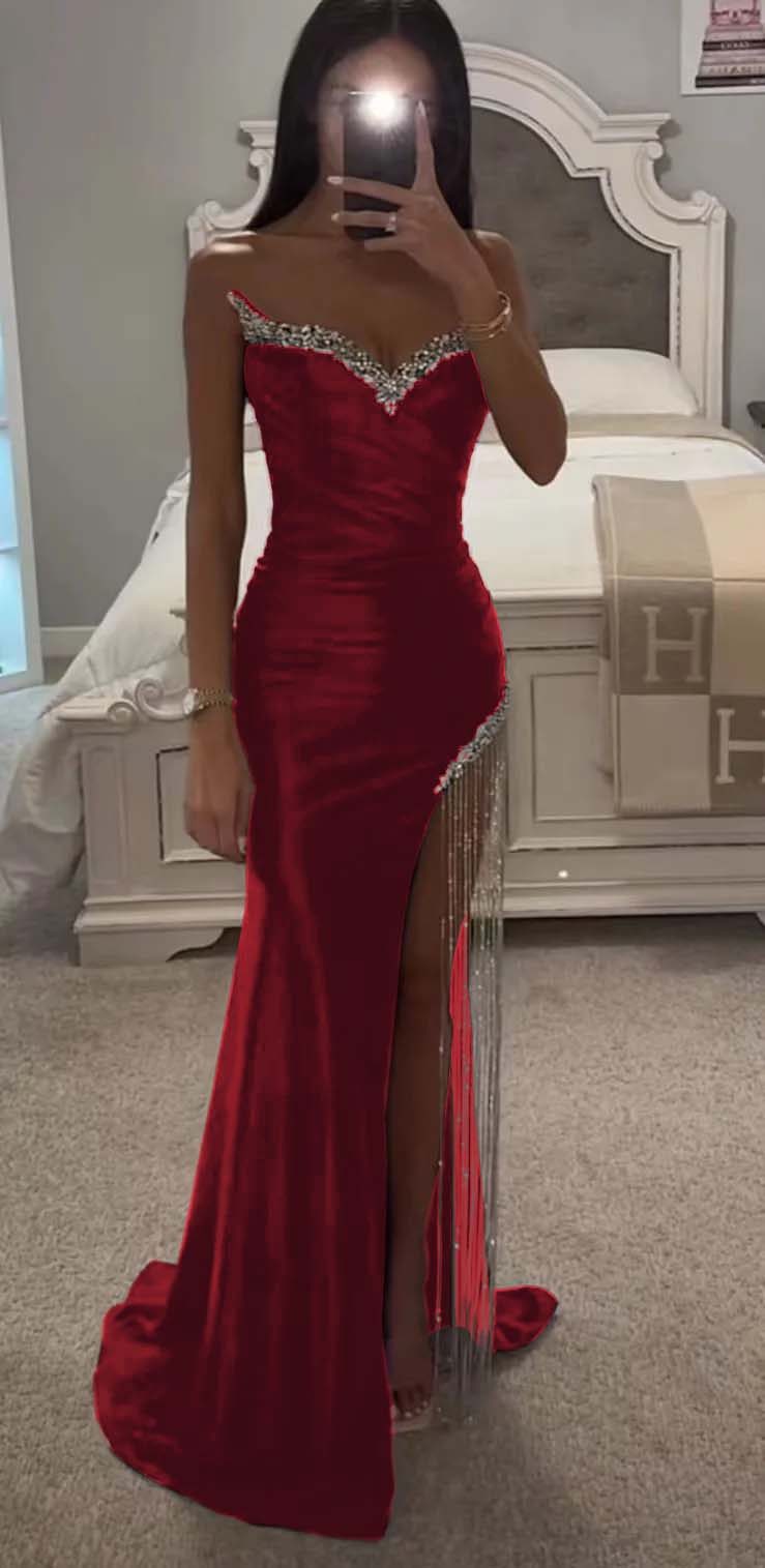 Strapless Sleeveless Long Mermaid Prom Dress With Split Tassel Beading BMBRIDE