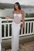 White Strapless Sleeveless Long Mermaid Prom Dress With Pleated