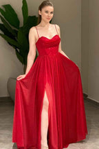 Red Spaghetti Strap Sleeveless A Line Split Long Prom Dress With Sequins