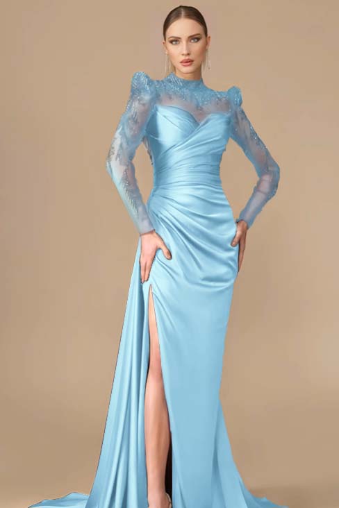 Long Sleeves Long Mermaid Prom Dress With Split Pleated Appliques BMBRIDE