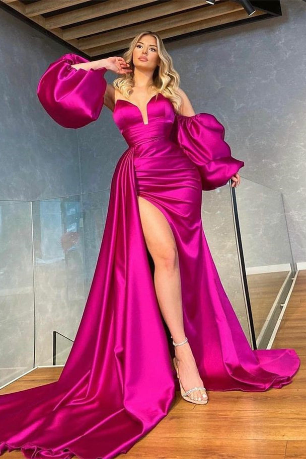 Shiny V-Neck Evening Prom Dress with Detachable Sleeves, Ruffles, and Split BM bride