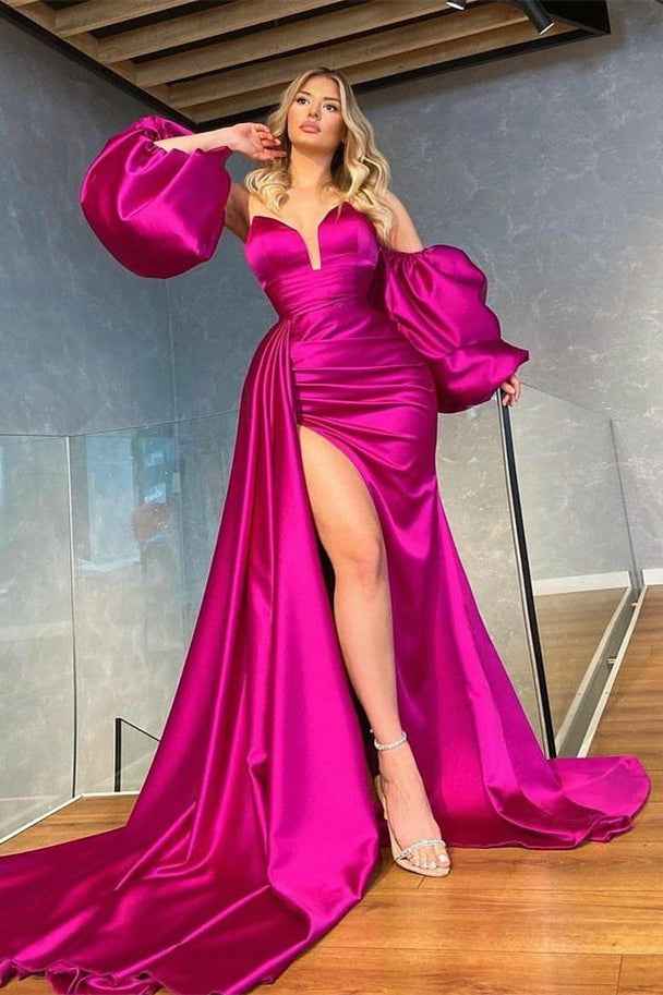 Detachable Sleeves Shiny Split Prom Dress Long With Ruffles Pleated