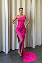 Elegant Rose One Shoulder Evening Dress with Sleeveless and Slit BM bride