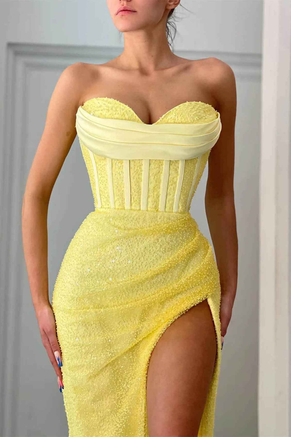 Daffodil Strapless Sweetheart Sleeveless Mermaid Prom Dress Split With Sequins