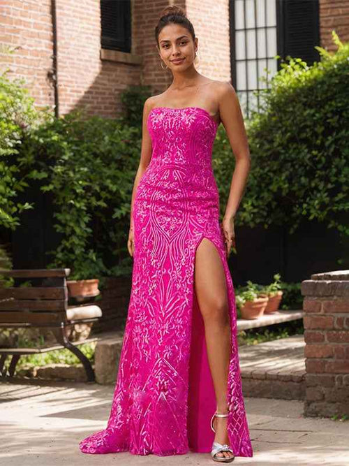 Elegant Fuchsia Strapless Sequin Gown with High Slit BMBRIDE