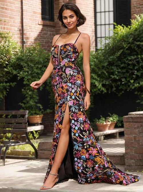 Black Floral Mermaid V-Neck Corset Long Prom Dress With Sequins Slit BMBRIDE