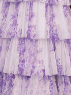 Purple Floral A Line V Neck Long Pleated Prom Dress With Slit