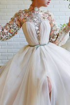 White High Collar Mermaid Evening Dress with Long Sleeves, Flowers, and Split BM bride