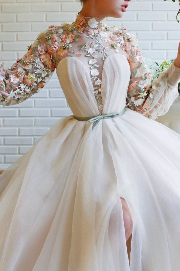 White High Collar Mermaid Evening Dress with Long Sleeves, Flowers, and Split BM bride