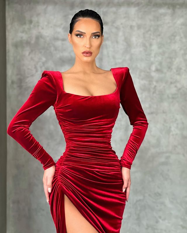 Mermaid Burgundy Long Sleeves Square Neck Prom Dress With High Split BMBRIDE
