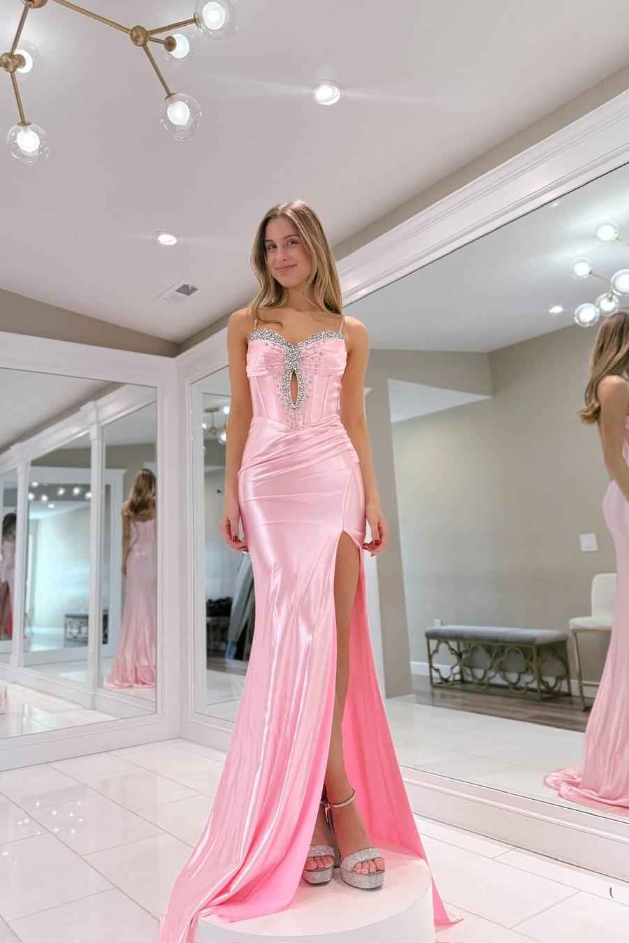 Spaghetti Strap Sleeveless Long Mermaid Prom Dress With Split Beading