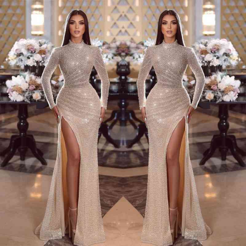 Shiny High Neck Long Sleeves Pleated Mermaid Prom Dress With Split For Women