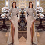 Shiny Sequins High Neck Long Sleeves Mermaid Prom Dress With Split
