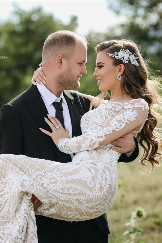 Illusion Long Sleeve Mermaid Lace Wedding Dress Online BM bride