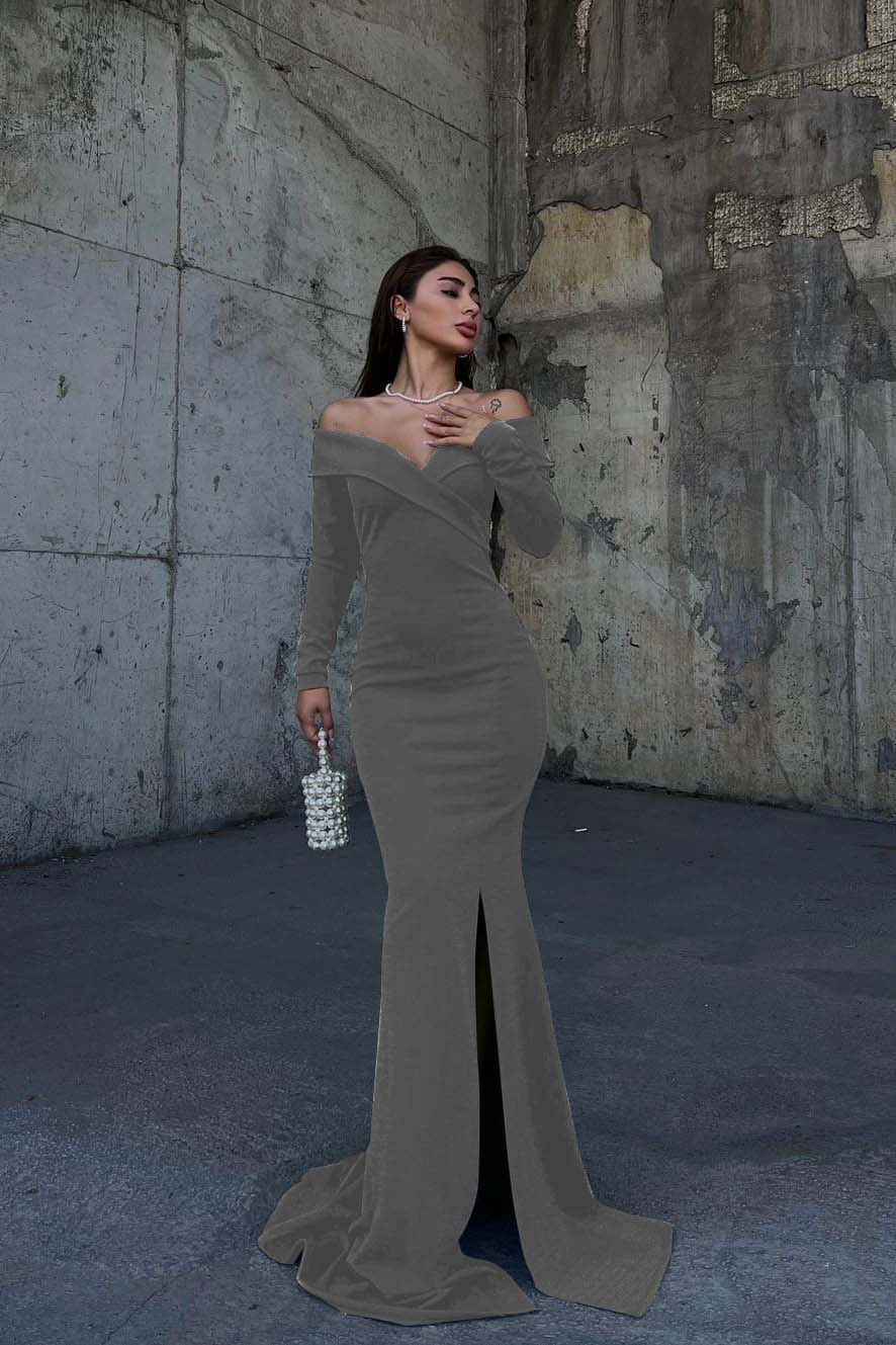 Off the Shoulder Long Sleeves Split Long Prom Dress With Pleated BMBRIDE