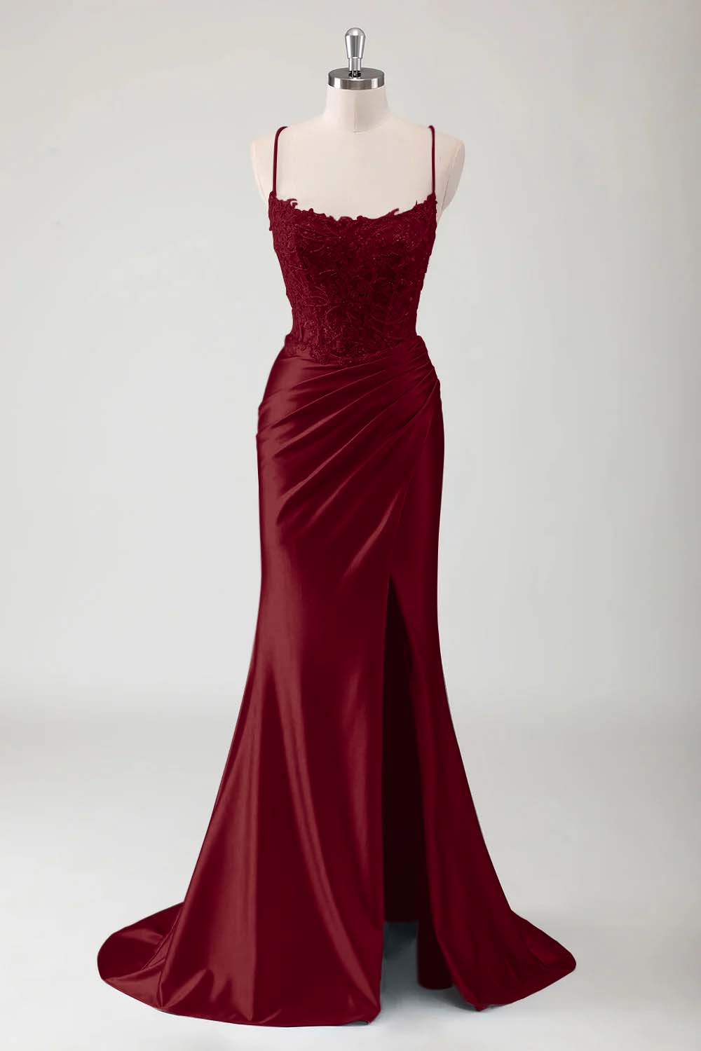 Spaghetti Strap Sleeveless Long High Split Prom Dress With Appliques BMBRIDE