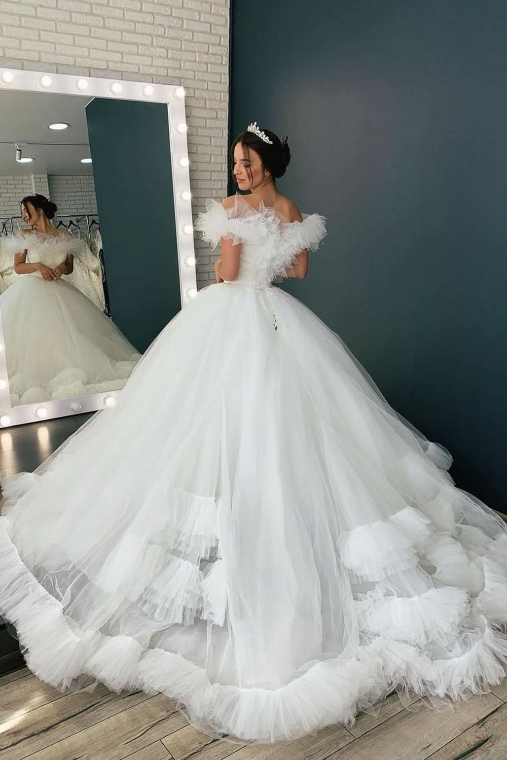 Long Two Piece Wedding Dress With Lace Layers Tulle Short Sleeves BM bride