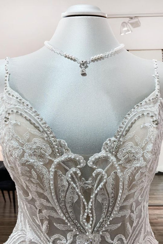 V-Neck Spaghetti Strap Ball Gown Tulle Wedding Dress with Lace Ruffles BM bride