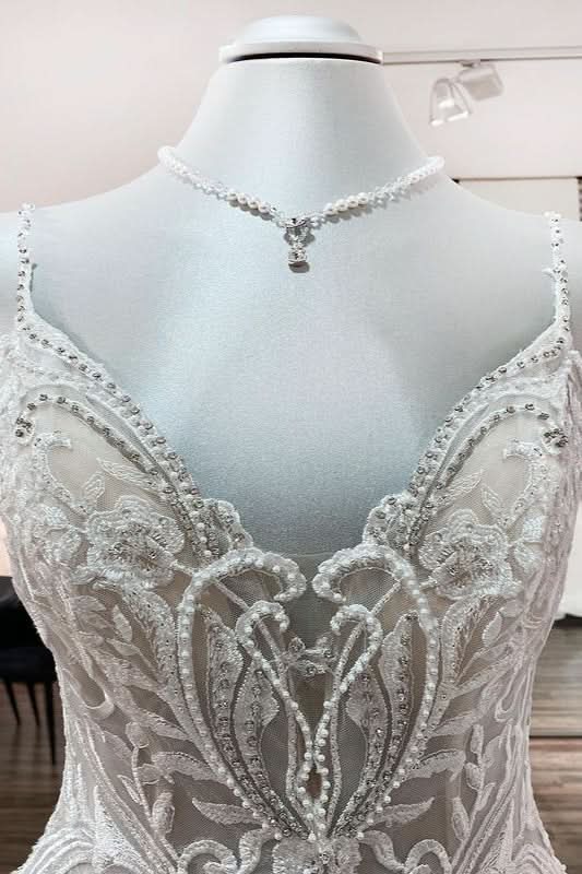 V-Neck Spaghetti Strap Ball Gown Tulle Wedding Dress with Lace Ruffles BM bride