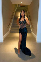 Black Strapless Mermaid Evening Dress with Long Slit and Pleats BM bride