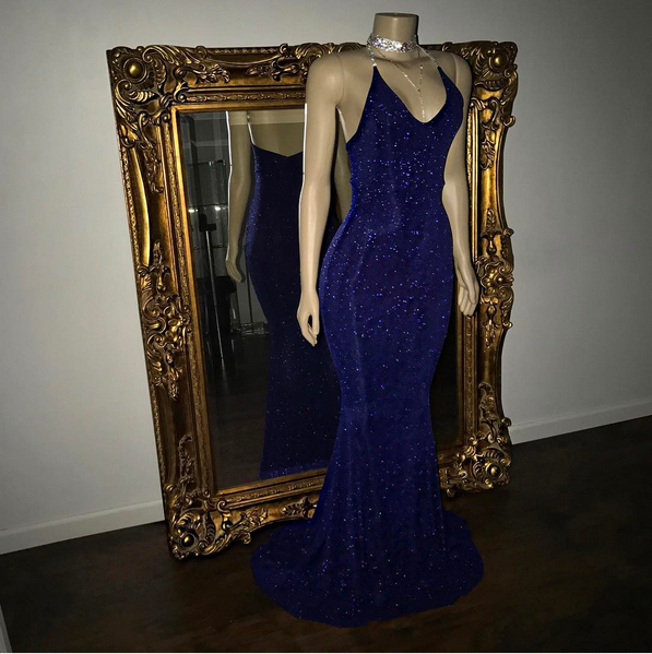 Elegant Halter V-Neck Mermaid Evening Dress with Sequins BM bride