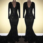 Charming Long Sleeves V Neck Mermaid Long Prom Dress Black With Sequins