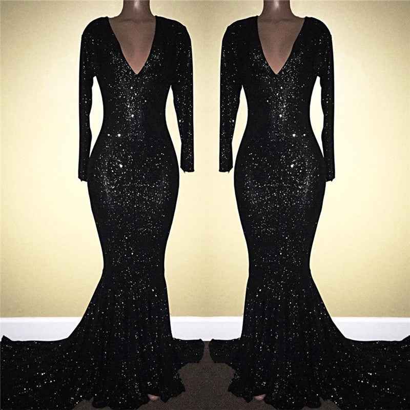 Charming Long Sleeves V Neck Mermaid Long Prom Dress Black With Sequins