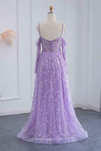 Pink Off the Shoulder A Line Prom Dress Long Sleeves Tulle With Sparkle Appliques