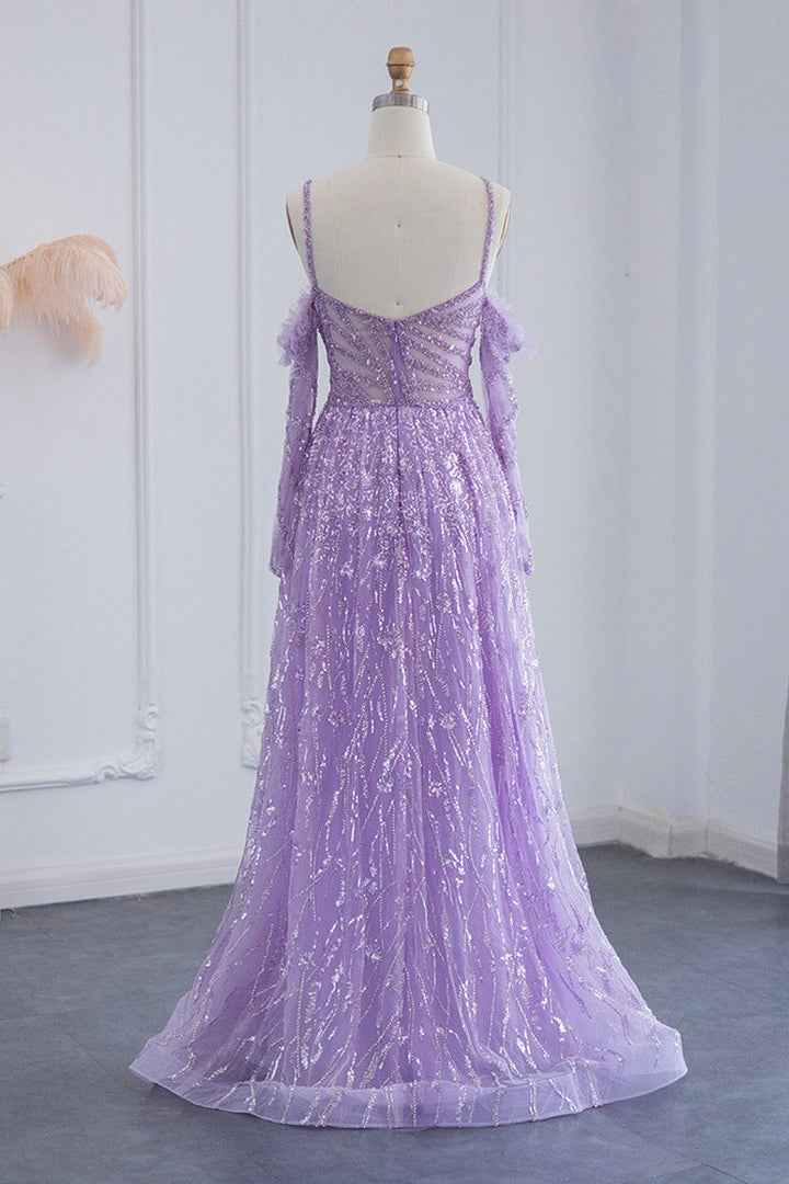 Pink Off the Shoulder A Line Prom Dress Long Sleeves Tulle With Sparkle Appliques
