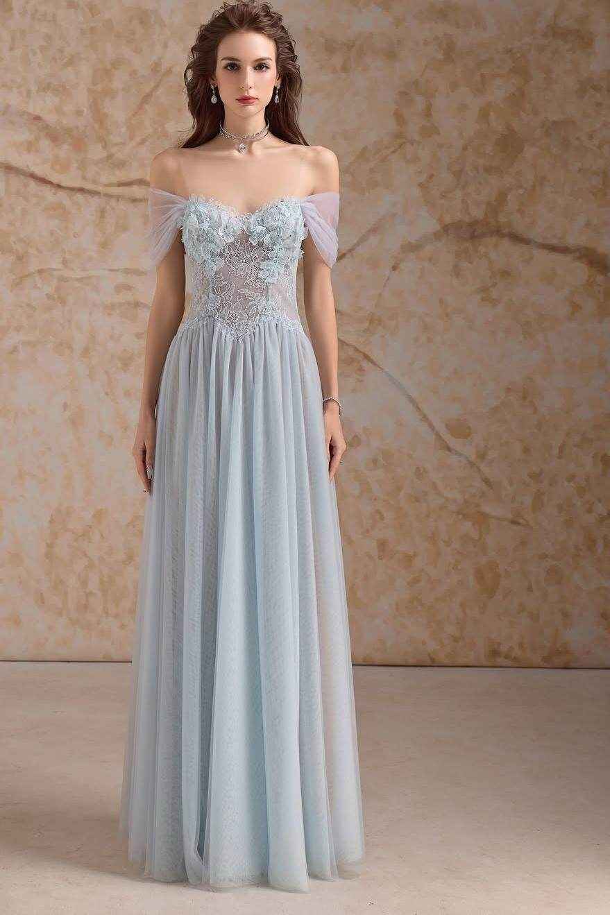 Tulle Off the Shoulder Sleeveless Long Prom Dress With Appliques
