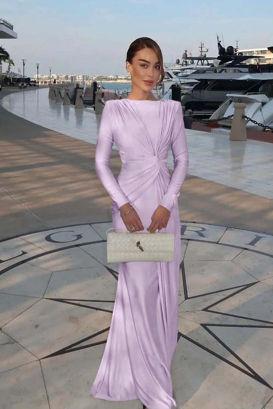 Chic Jewel Long Sleeves Mermaid Long Prom Dress With Pleated BMBRIDE