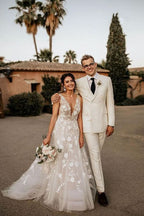Boho Strappy V-Neck A-Line Wedding Dress with Appliques BM bride