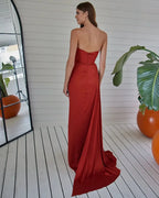 Red Strapless Prom Dress with Pleated Split Mermaid Design BM bride
