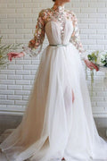 White High Collar Mermaid Evening Dress with Long Sleeves, Flowers, and Split BM bride