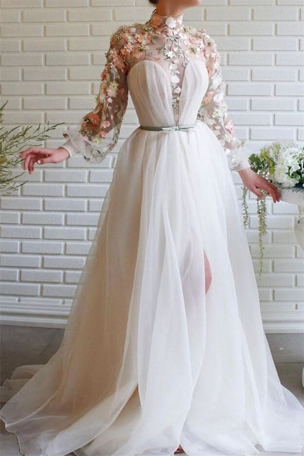White High Collar Mermaid Evening Dress with Long Sleeves, Flowers, and Split BM bride