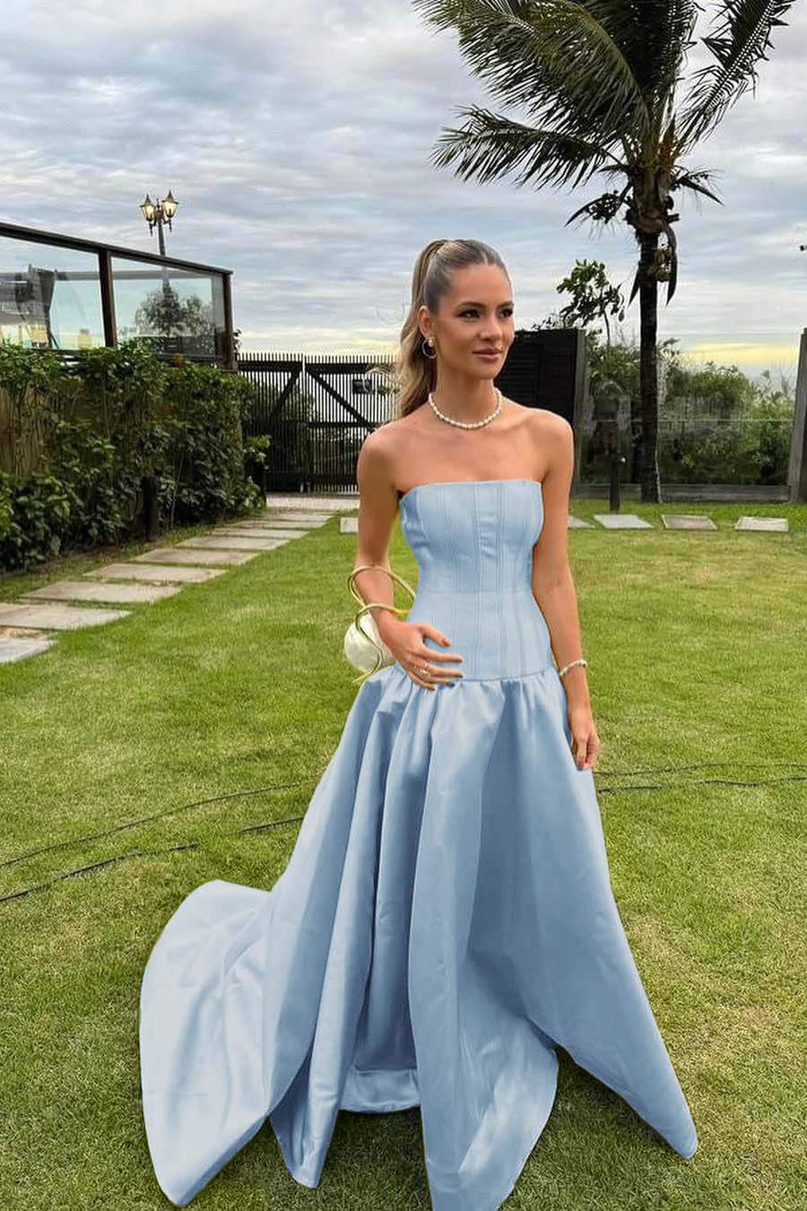 Chic Strapless Sleeveless Bateau Long Prom Dress With Pleated BMBRIDE
