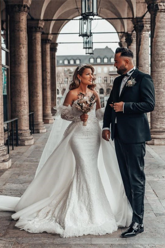 Bubble Sleeve Sweetheart Mermaid Wedding Dress with Lace BM bride