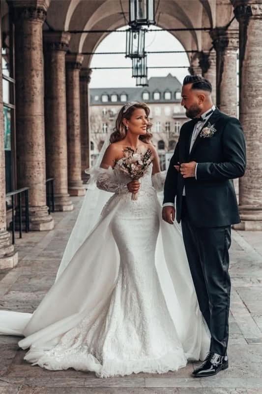 Bubble Sleeve Sweetheart Mermaid Wedding Dress with Lace BM bride