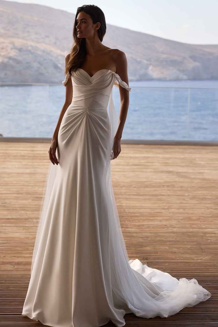 Stain Sweetheart Off-the-Shoulder Sleeveless Long Pleated Prom Dress With Tulle Ruffles